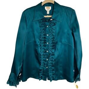Talbots Y2K Silk Tuxedo Ruffle Button-Down Blouse Womens Size 12W Rhinestone NEW